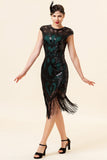 Black and Green Sequined Fringes 1920s Gatsby Flapper Party Dress with 20s Accessories Set