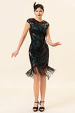 Black and Green Sequined Fringes 1920s Gatsby Flapper Party Dress with 20s Accessories Set