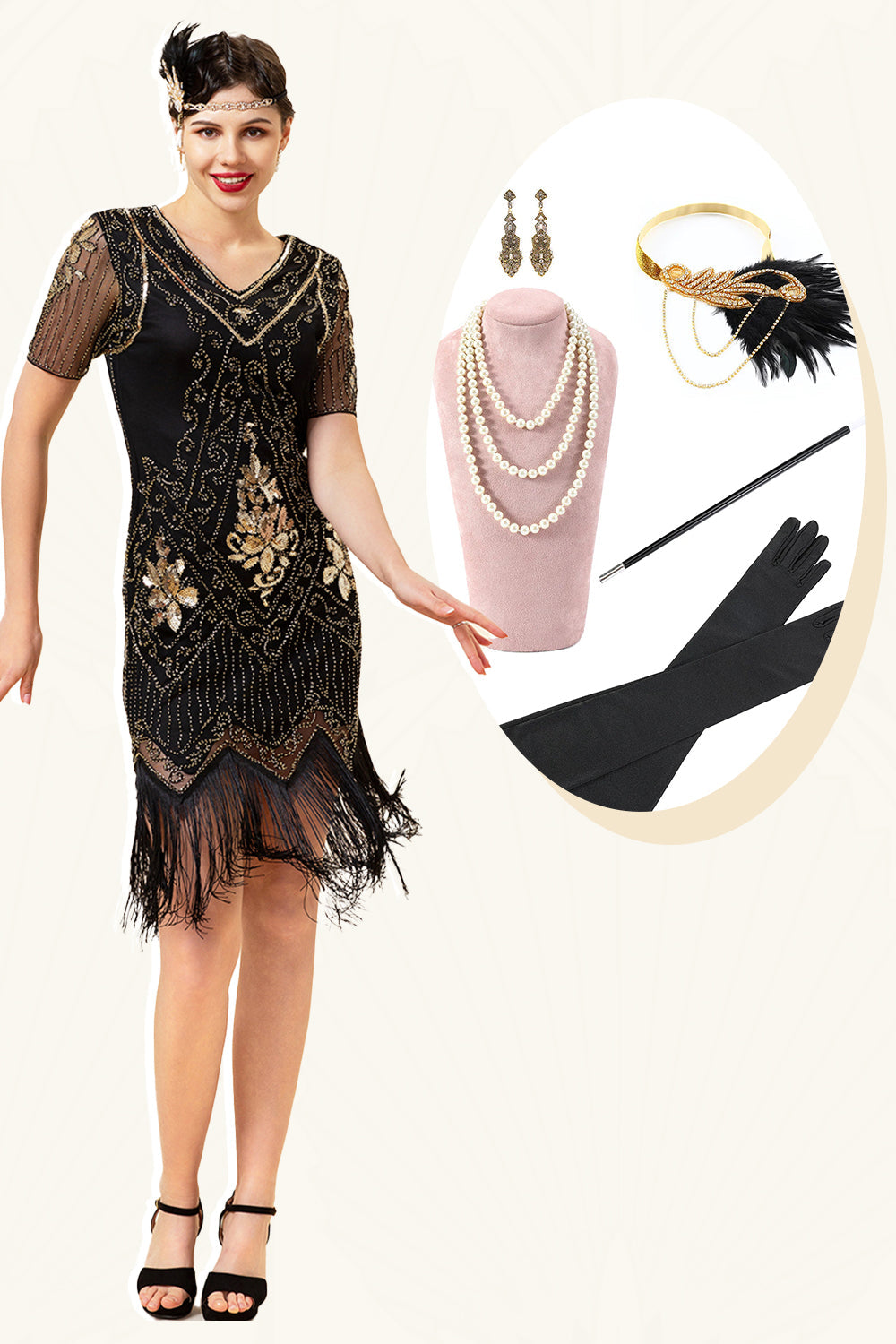 Black and Golden Short Sleeves Sequined Fringes 1920s Gatsby Flapper Dress with 20s Accessories Set