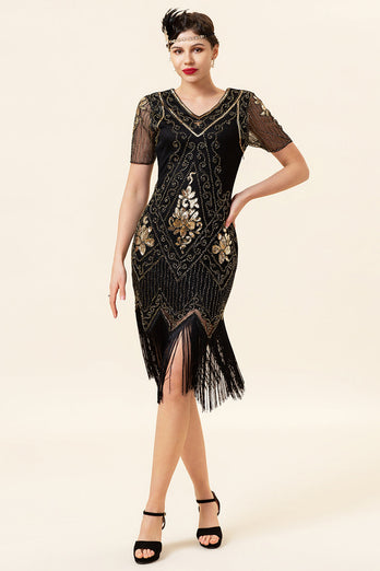 Black and Golden Short Sleeves Sequined Fringes 1920s Gatsby Flapper Dress with 20s Accessories Set