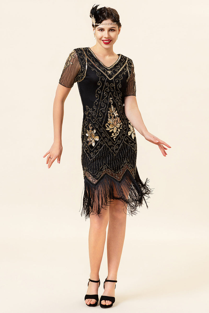 Load image into Gallery viewer, Black and Golden Short Sleeves Sequined Fringes 1920s Gatsby Flapper Dress with 20s Accessories Set