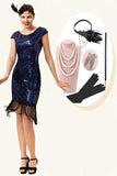 Blue Sequins Fringes Gatsby Dress with 1920s Accessories Set