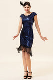 Blue Sequins Fringes Gatsby Dress with 1920s Accessories Set