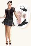 Black Beading Fringes Flapper Dress with 1920s Accessories Set