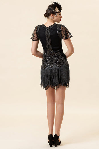 Black Beading Fringes Flapper Dress with 1920s Accessories Set