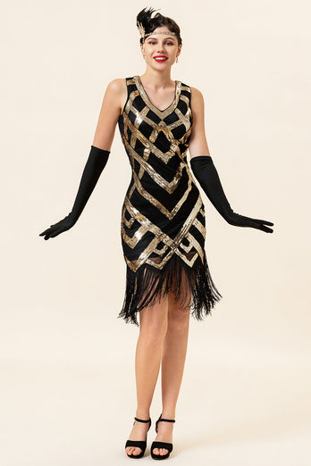 Golden Fringes Sequins Flapper Dress with 1920s Accessories Set
