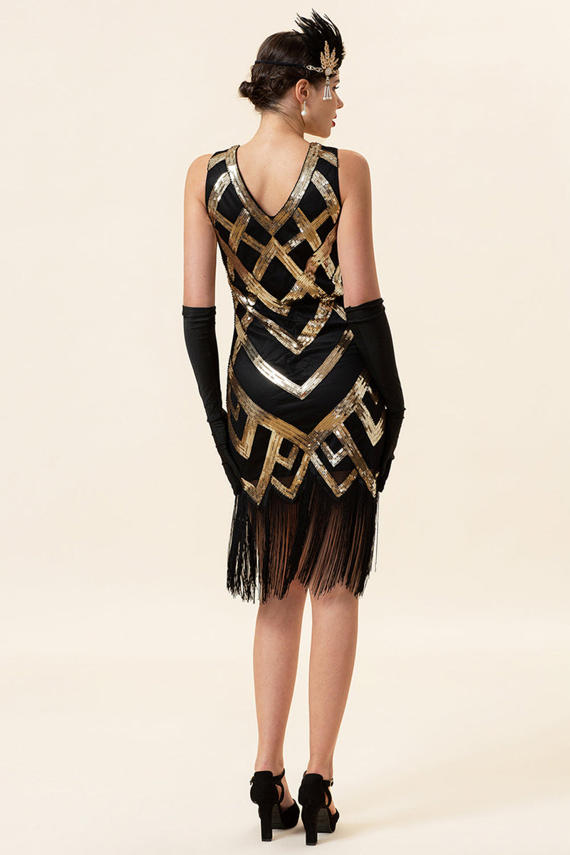 Load image into Gallery viewer, Golden Fringes Sequins Flapper Dress with 1920s Accessories Set