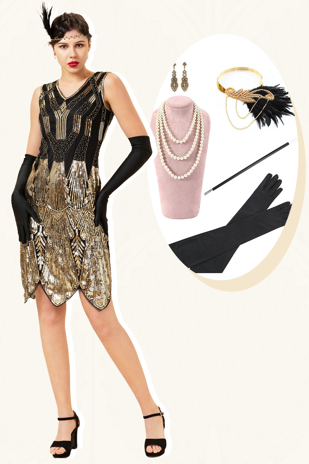 Golden Sequins Glitter Flapper Dress with 1920s Accessories Set