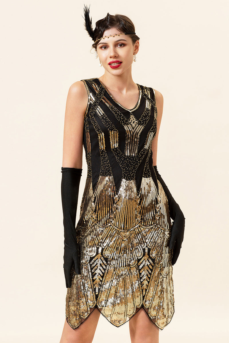 Load image into Gallery viewer, Golden Sequins Glitter Flapper Dress with 1920s Accessories Set