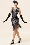 Silver Fringed Sequins Glitter Flapper Dress with 20s Accessories Set