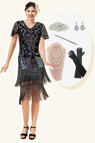 Black Sequins Fringed Gatsby Dress with 20s Accessories Set