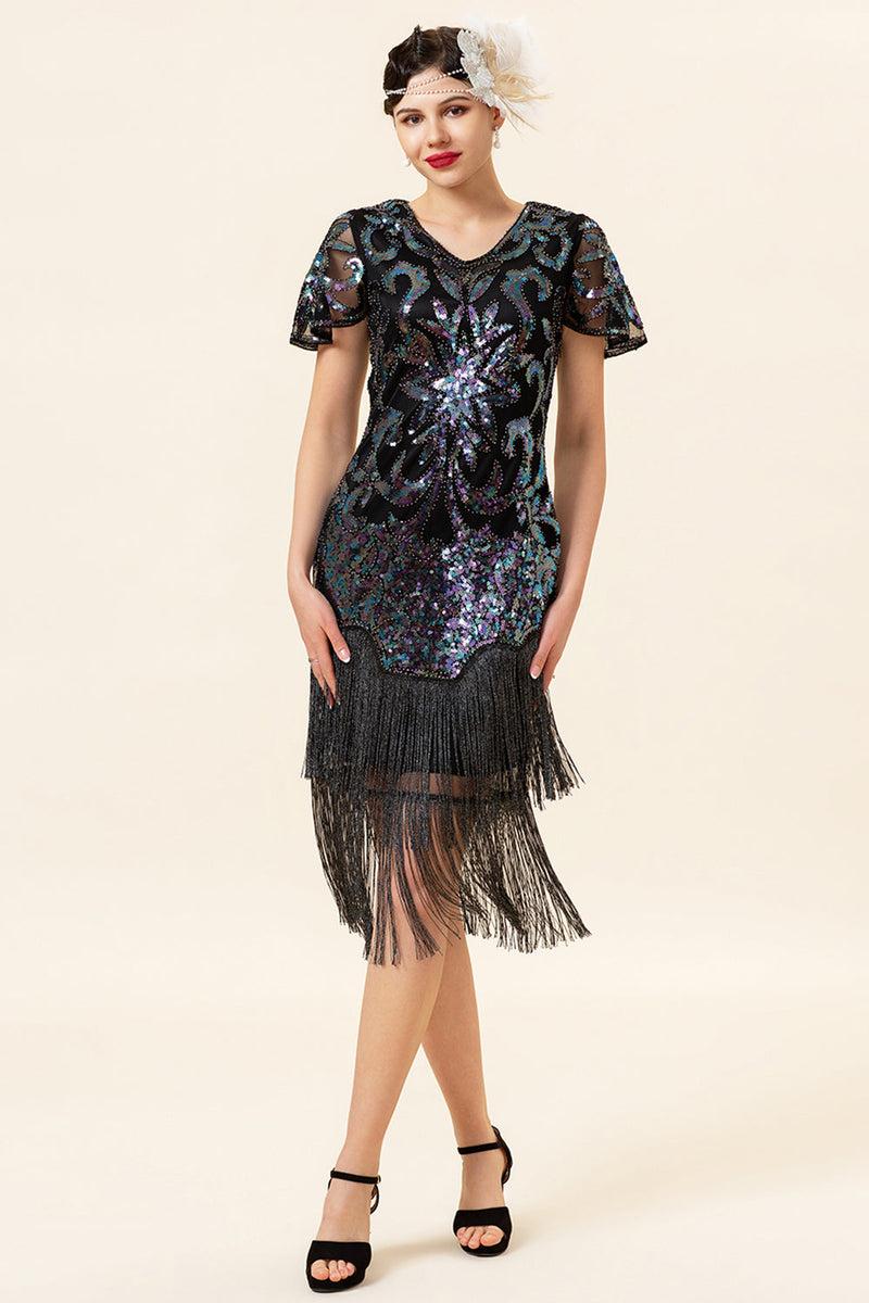 Load image into Gallery viewer, Black Sequins Fringed Gatsby Dress with 20s Accessories Set