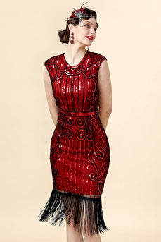 Burugndy Sequins Fringed Flapper Dress with 1920s Accessories Set