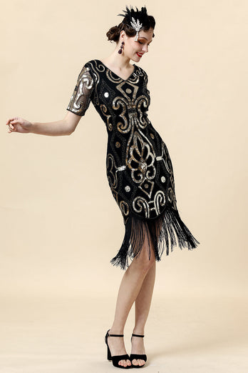Vintage Fringed Glitter Flapper Dress with 1920s Accessories Set