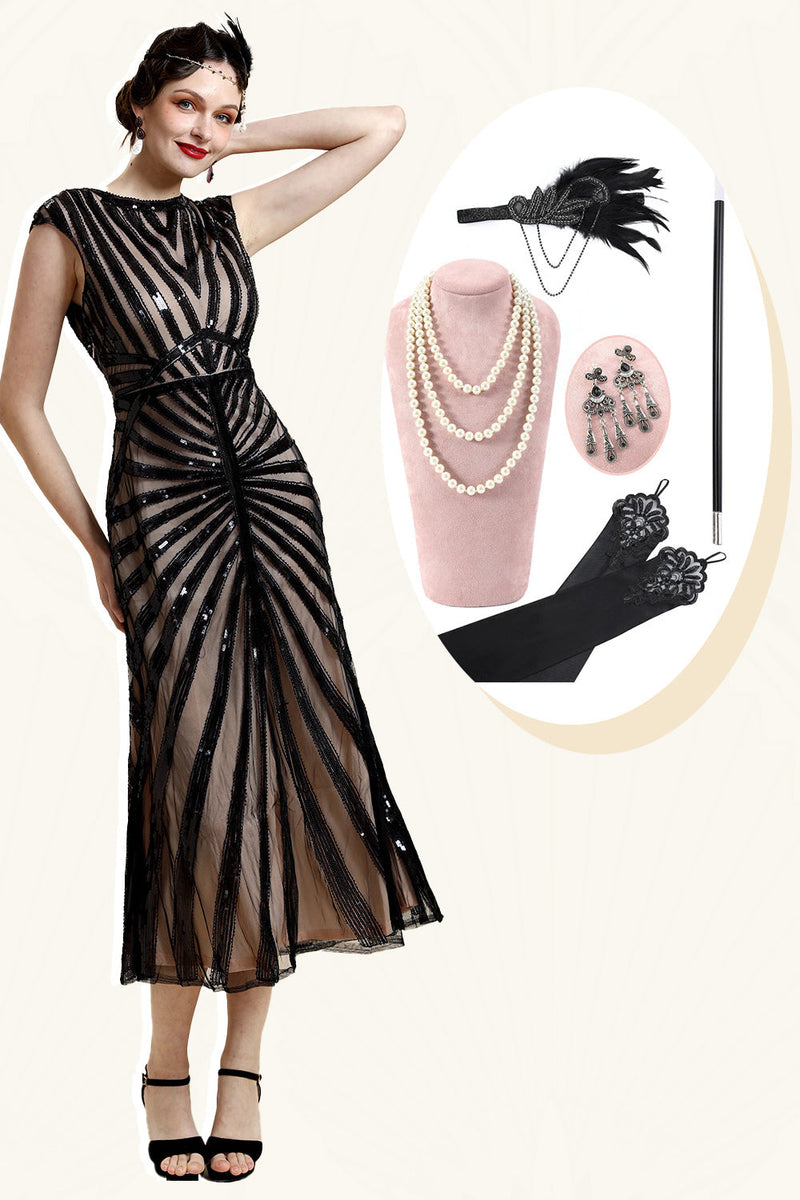 Load image into Gallery viewer, Black Sequins Glitter Midi Flapper Dress with 20s Accessories Set
