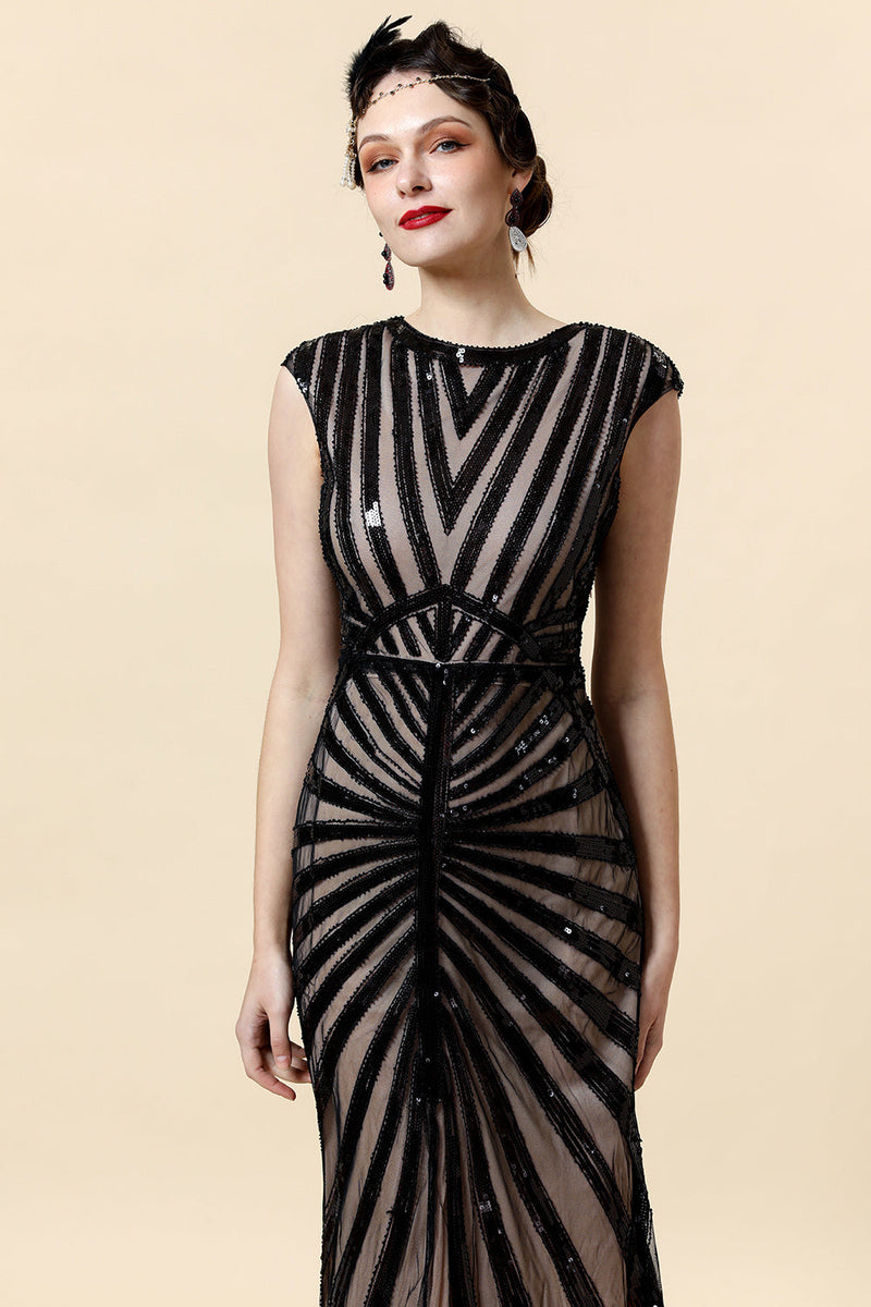 Load image into Gallery viewer, Black Sequins Glitter Midi Flapper Dress with 20s Accessories Set