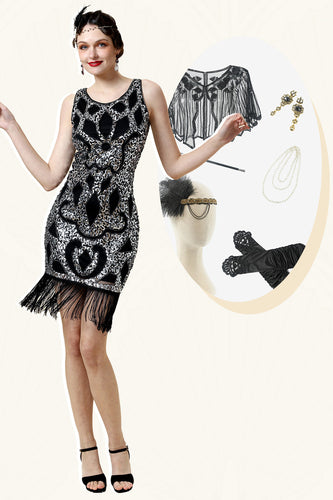 Silver Fringed Gatsby Dress with 1920s Accessories Set