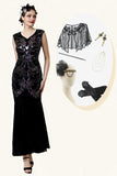 Black Sequins Long Gatsby Dress with 20s Accessories Set