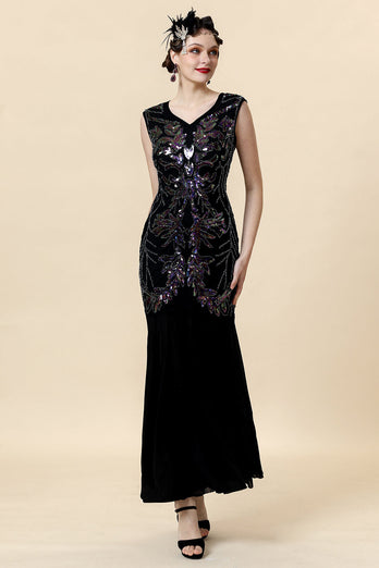 Black Sequins Long Gatsby Dress with 20s Accessories Set
