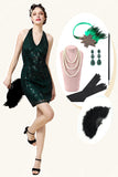 Halter Green Sequins Gatsby Dress with 20s Accessories Set