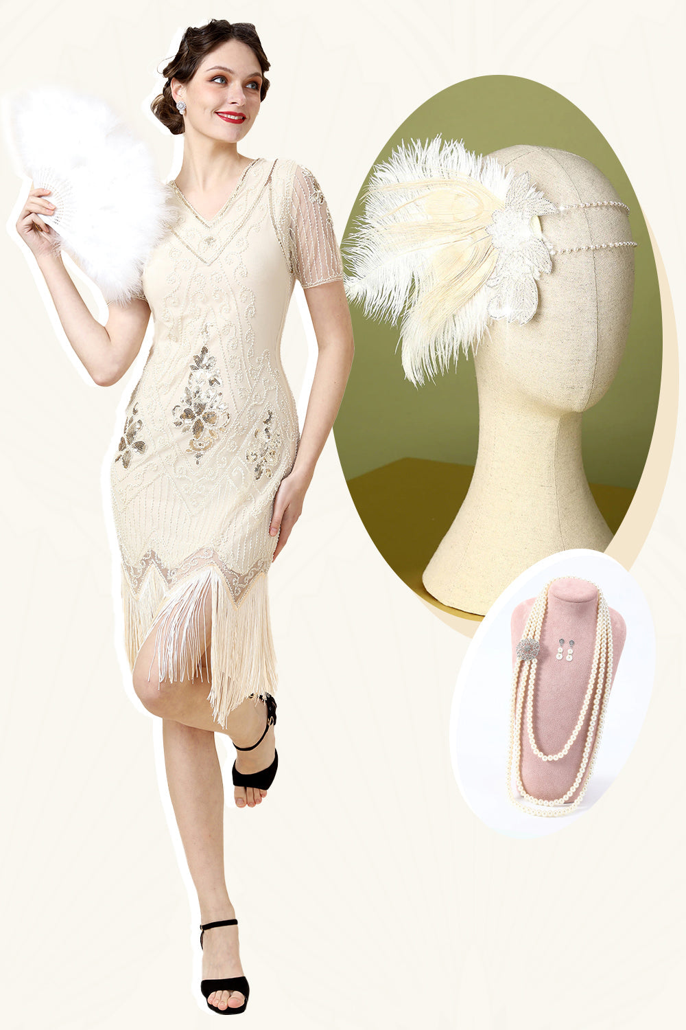 Champagne Sequins Fringed Flapper Dress with 20s Accessories Set