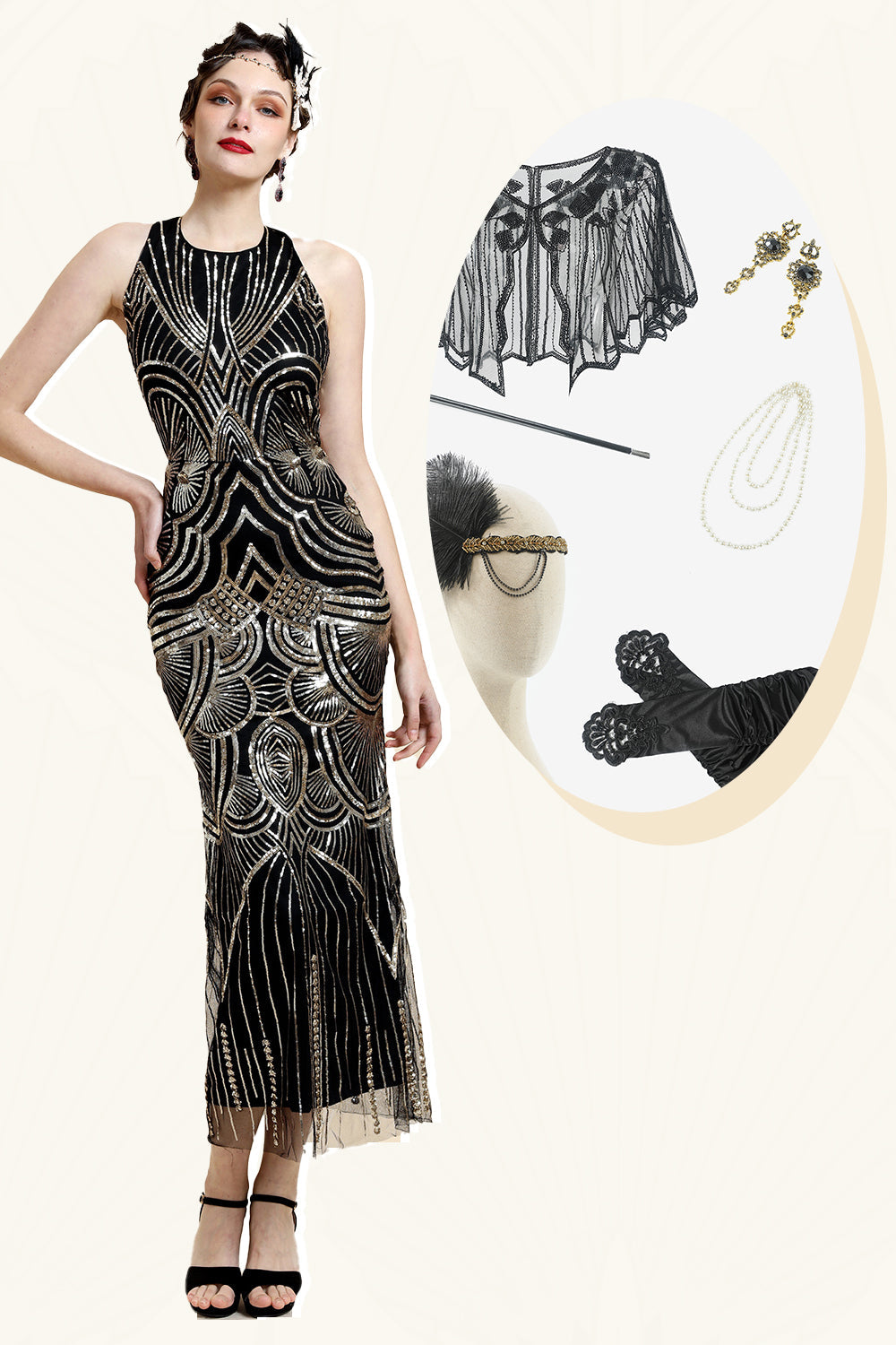 Halter Golden Sequins Flapper Dress with 20s Accessories Set