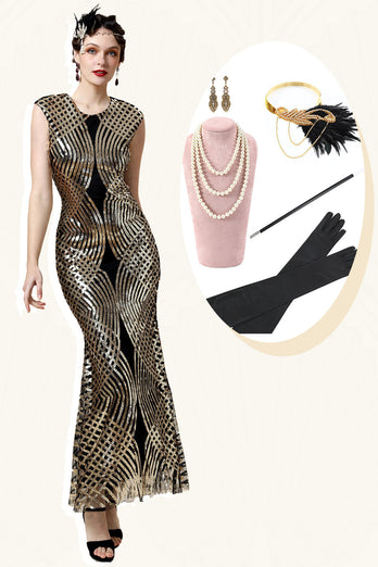 Golden Sequins Glitter Long Flapper Dress with 20s Accessories Set