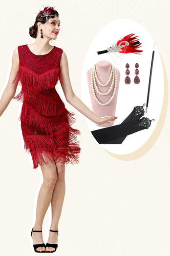 Red Beaded Fringed Flapper Dress with 20s Accessories Set