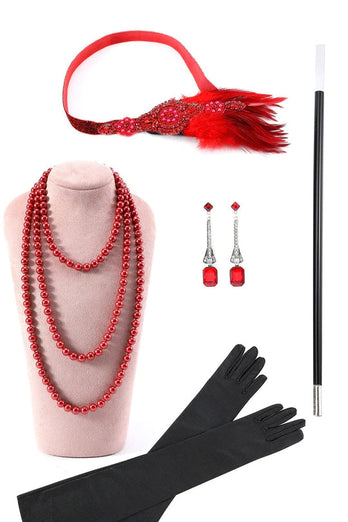 Red Beaded Fringed Flapper Dress with 20s Accessories Set