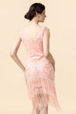 Beaded Pink Fringed Flapper Dress with 1920s Accessories Set