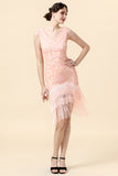 Beaded Pink Fringed Flapper Dress with 1920s Accessories Set