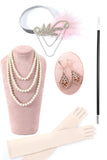 Beaded Pink Fringed Flapper Dress with 1920s Accessories Set