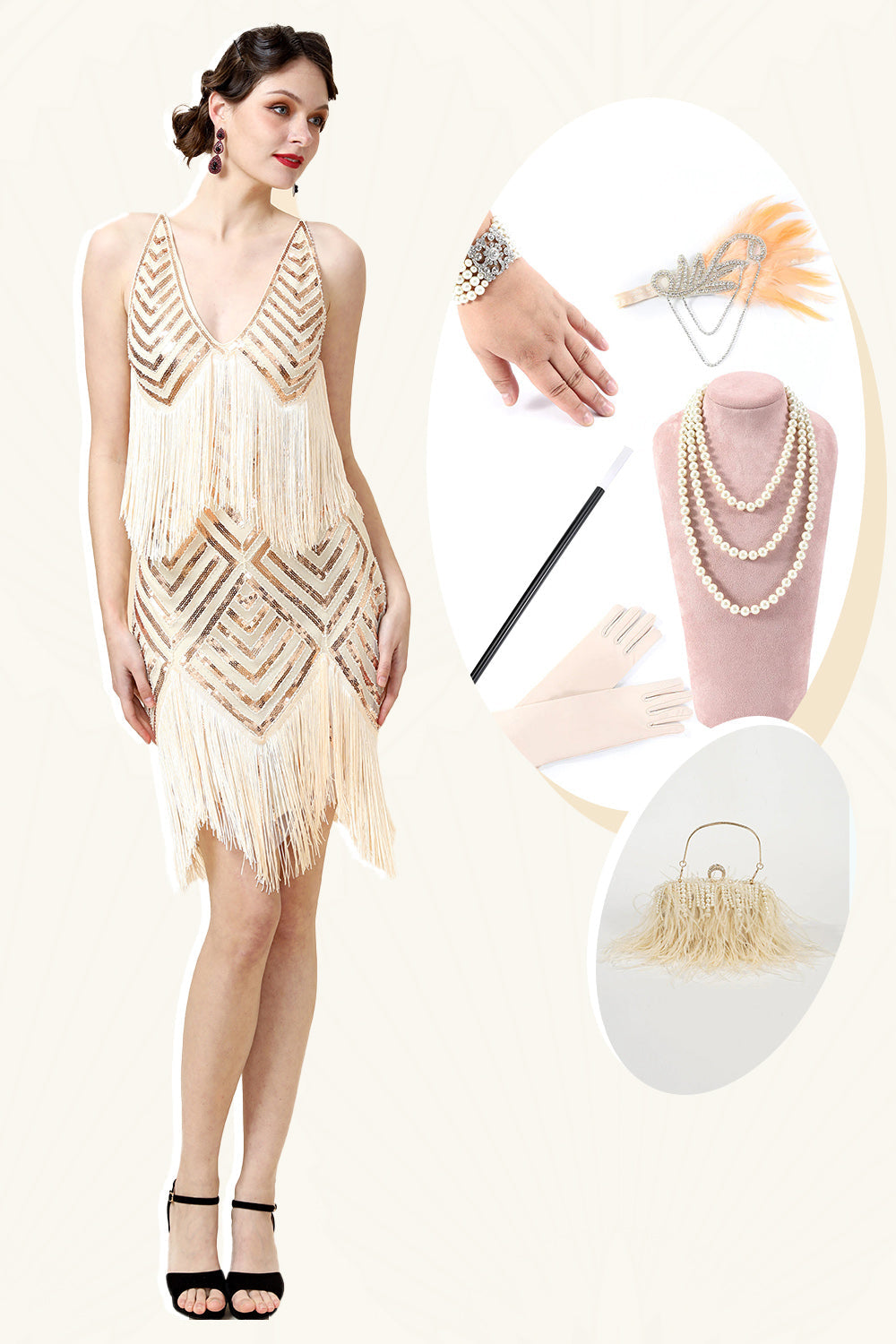 Fringed Champagne Sequins Flapper Dress with 1920s Accessories Set