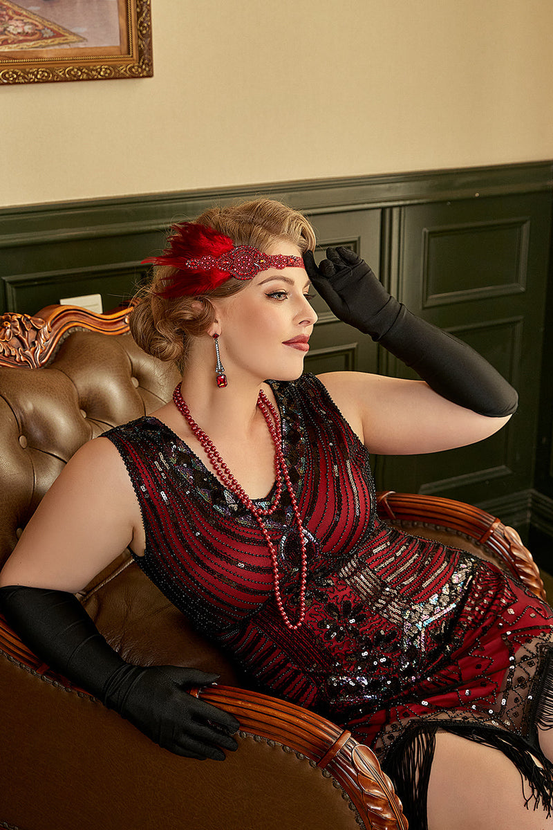 Load image into Gallery viewer, Red Plus Size 1920s Gatsby Dress with 20s Acessories Set