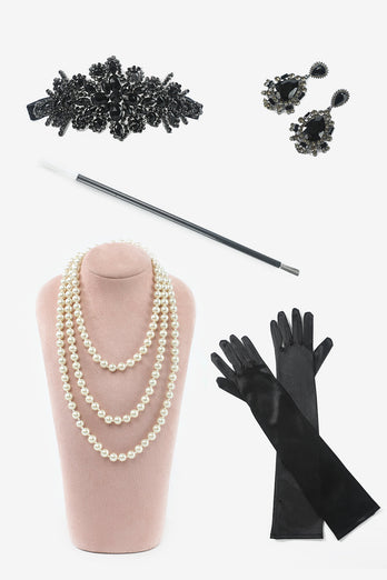 Black Golden 1920s Plus Size Dress with 20s Accessories Set