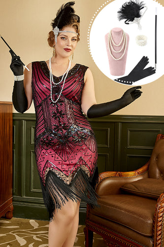 Fuchsia Sequins 1920s Plus Size Dress with 20s Accessories Set