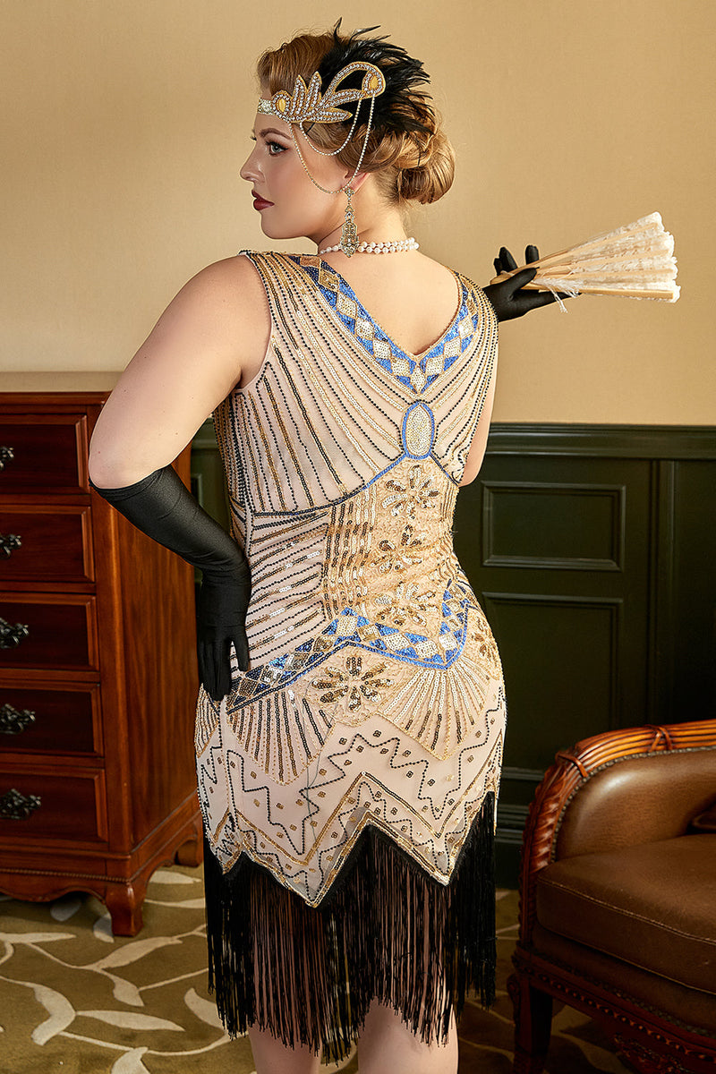 Load image into Gallery viewer, Apricot Sequins 1920s Plus Size Dress with 20s Acessories Set