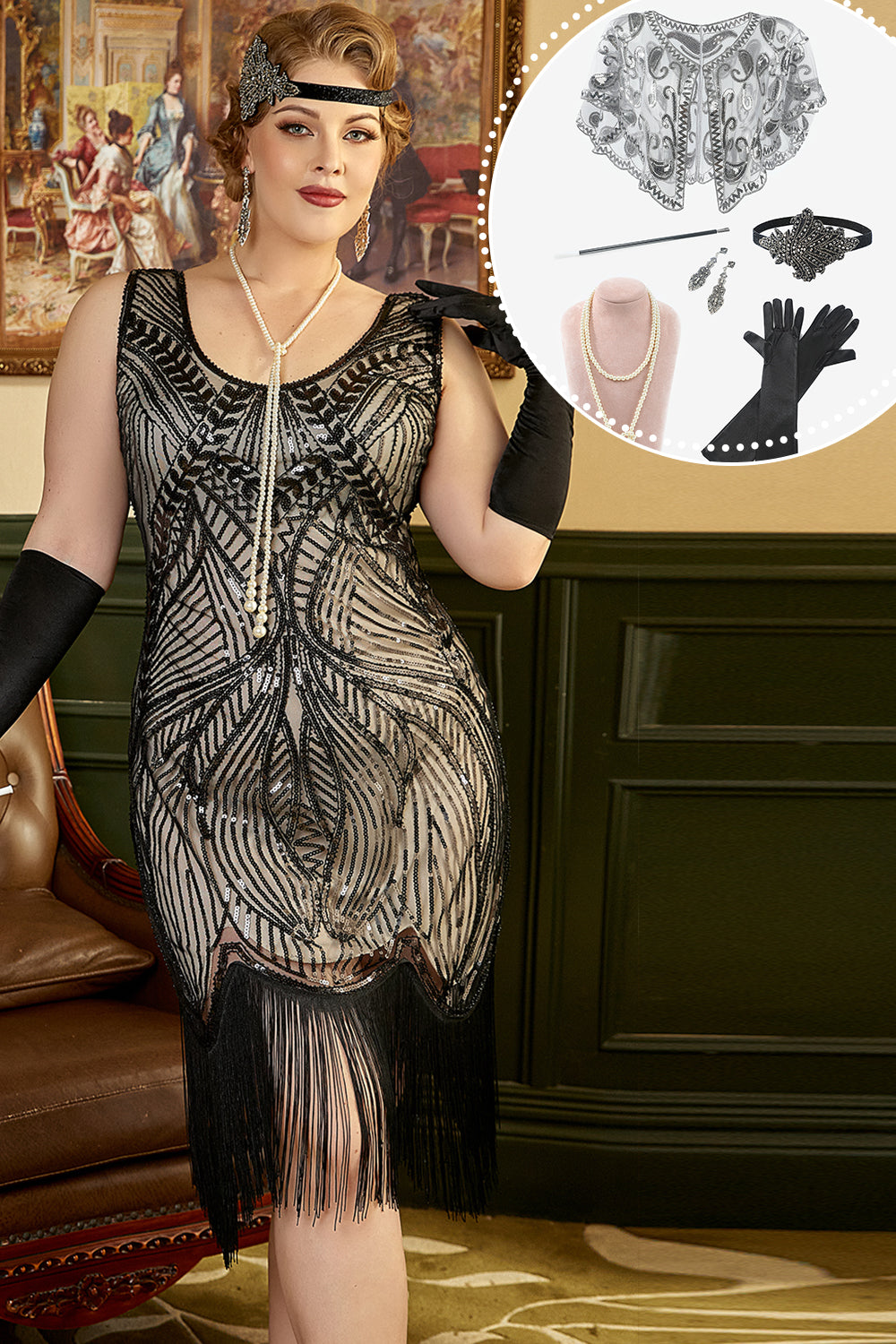 Black and Apricot Sequins 1920s Plus Size Dress with 20s Accessories Set
