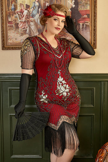 Golden and Red 1920s Plus Size Dress with 20s Accessories Set