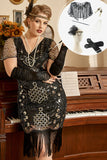 Black Sequins 1920s Flapper Plus Size Dress with 20s Accessories Set