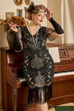 Black Sequins 1920s Flapper Plus Size Dress with 20s Accessories Set