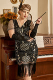 Black Sequins 1920s Flapper Plus Size Dress with 20s Accessories Set