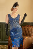 Royal Blue Sequined 1920s Plus Size Gatsby Dress with 20s Accessories Set