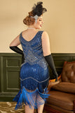 Royal Blue Sequined 1920s Plus Size Gatsby Dress with 20s Accessories Set