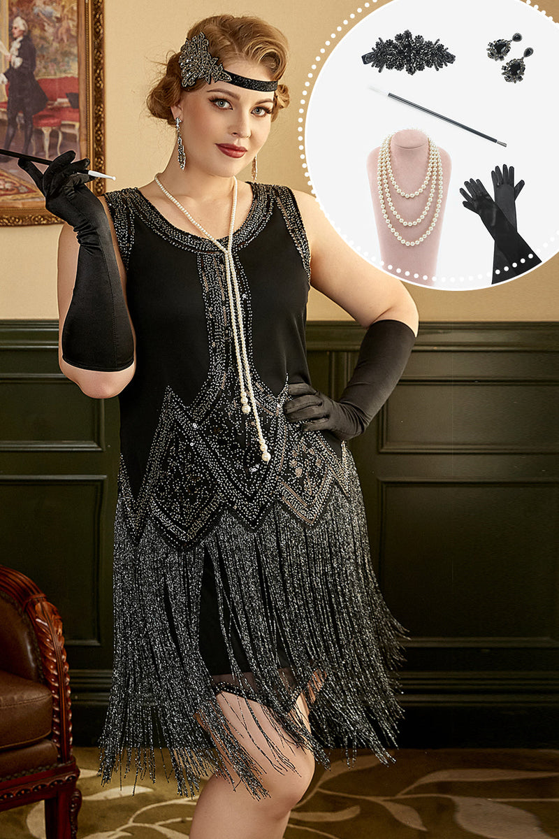Load image into Gallery viewer, Black Fringes 1920s Plus Size Gatsby Dress with 20s Accessories Set