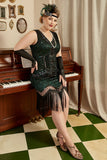 Dark Green Sequined 1920s Plus Size Flapper Dress with 20s Accessories Set