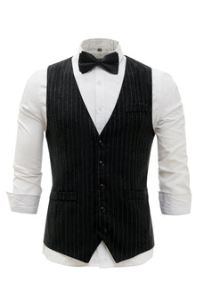 Black Pinstriped Men's Vest with 5 Pieces Accessories Set