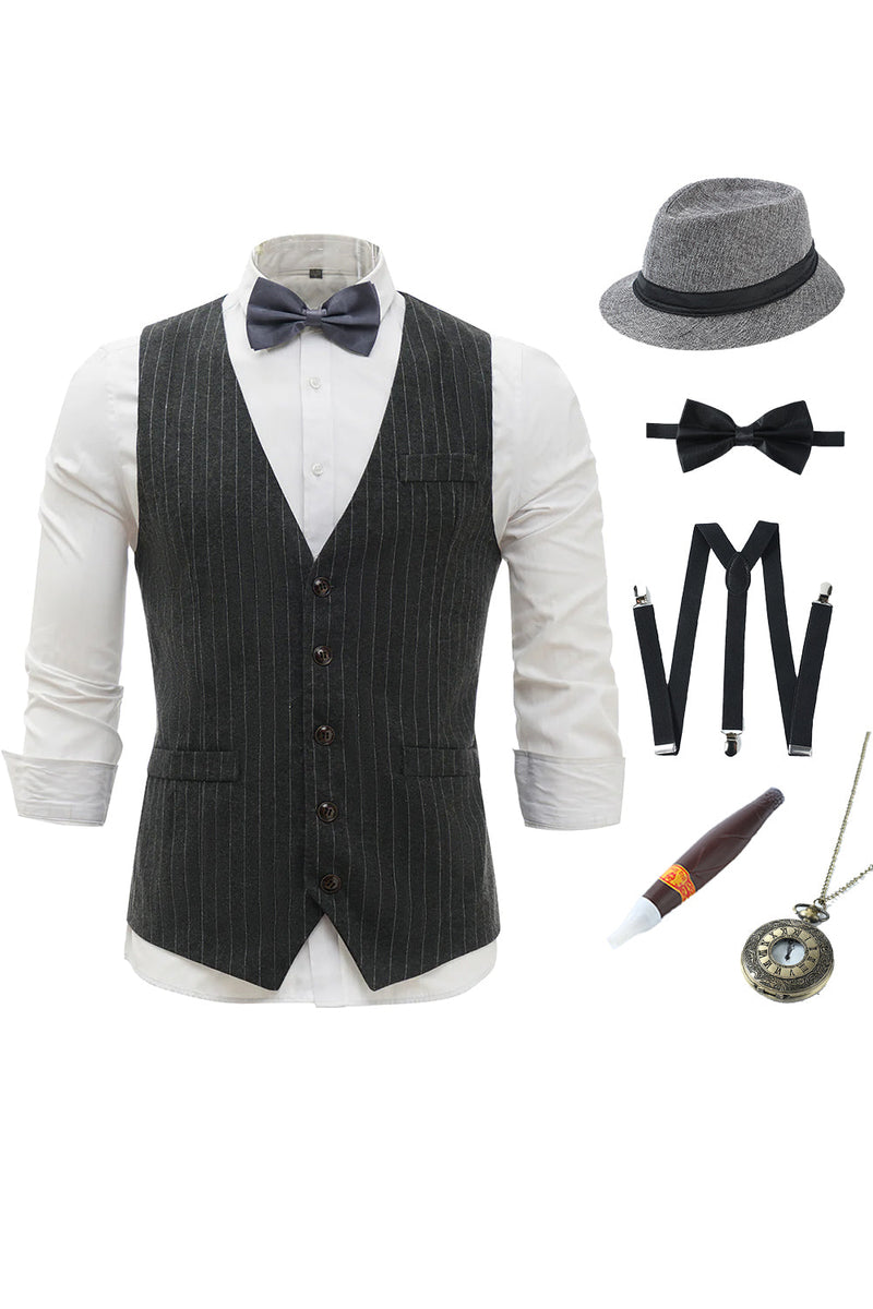 Load image into Gallery viewer, Dark Grey Pinstriped Men&#39;s Vest with 5 Pieces Accessories Set