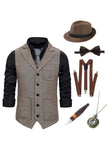 Brown Notched Lapel Men's Vest with 5 Pieces Accessories Set