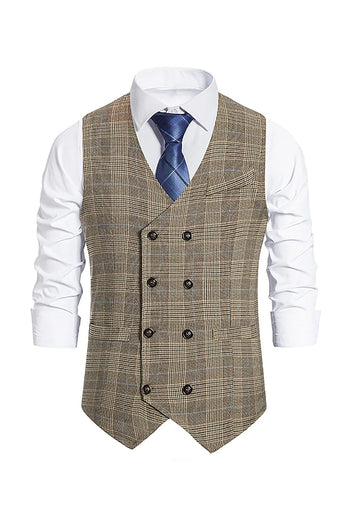 Brown Plaid Double Breasted Men Vest with Accessories Set